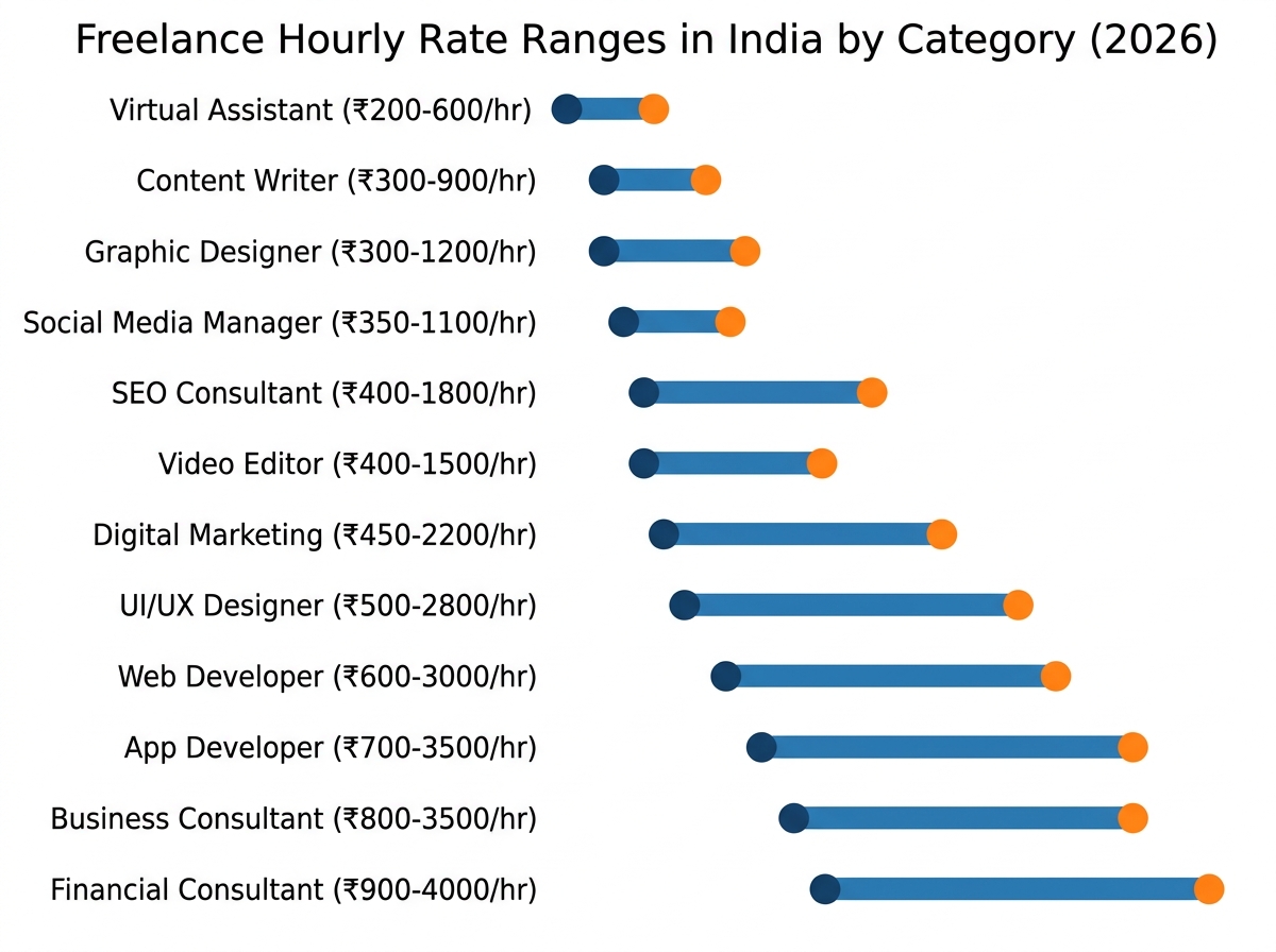 Chart showing freelance hourly rate ranges in India across 12 categories, from Virtual Assistant to Financial Consultant